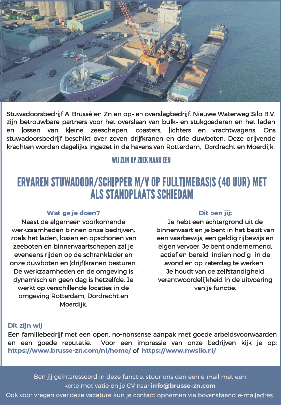 Ervaren stuwadoor/schipper M/V Ervaren stuwadoor/schipper M/V